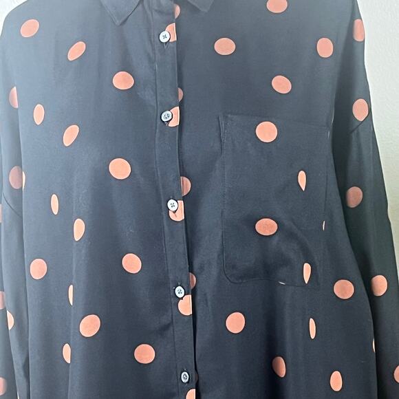 Loft Black with Tan Polka Dots Long Sleeve Collared Blouse Oversized Small - Picture 4 of 10